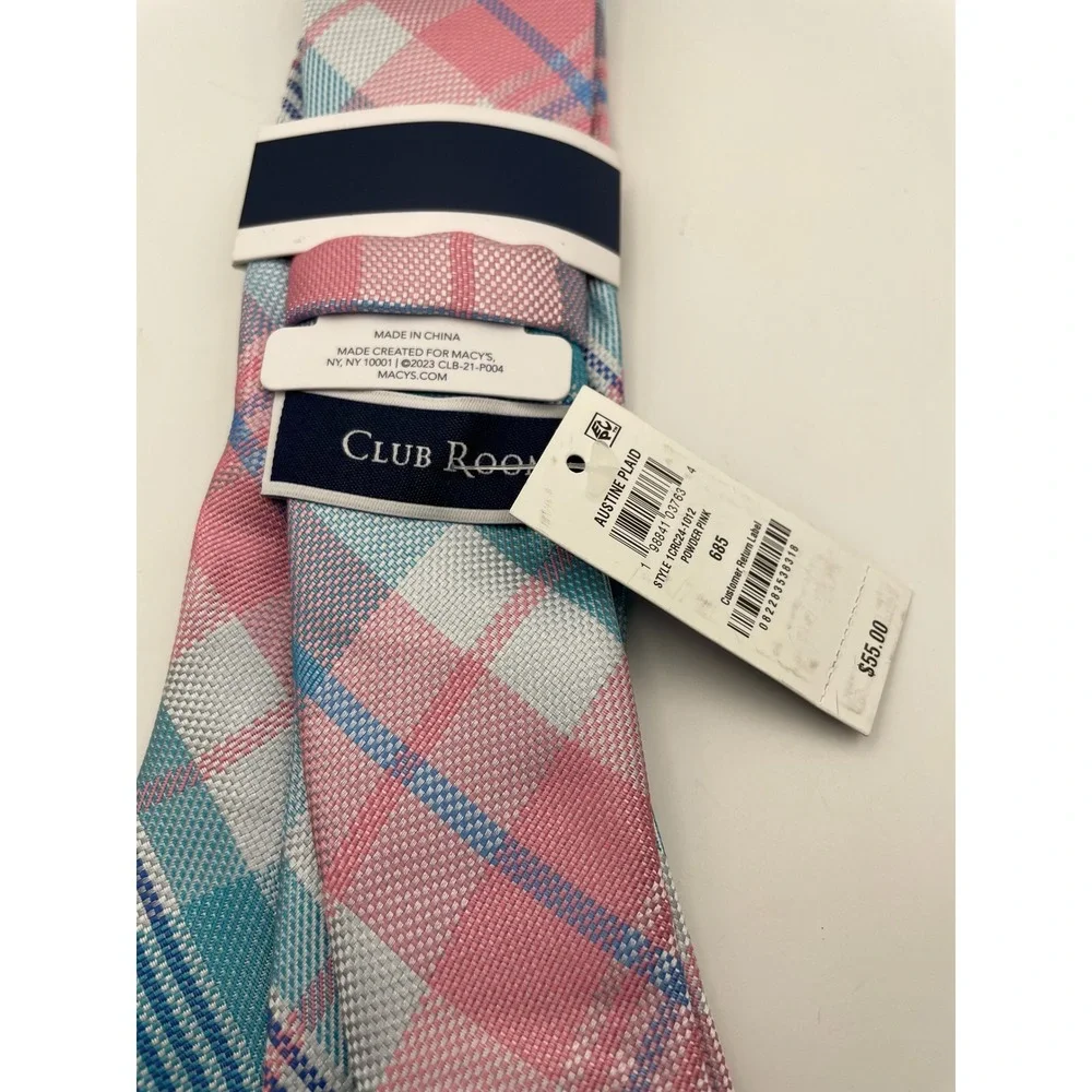 Club Room Mens Austine Plaid Regular Tie Powder Pink Teal White Woven Necktie